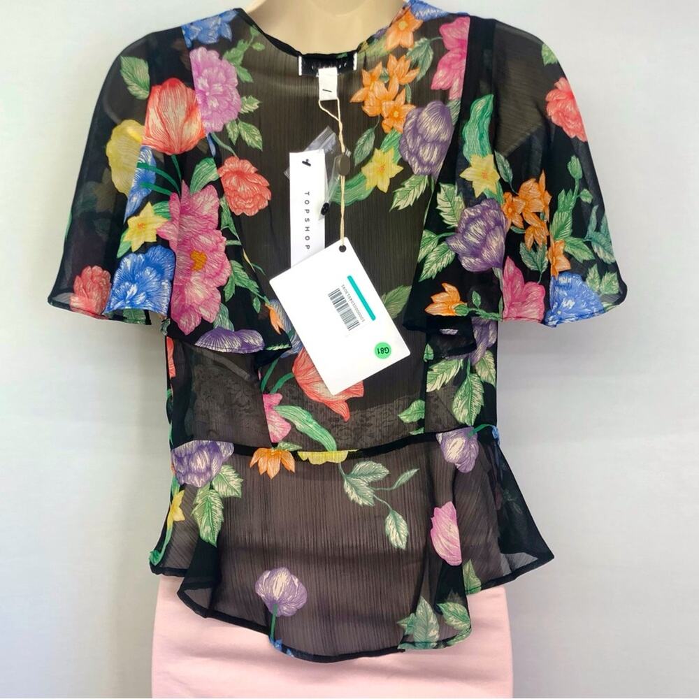 NWT Topshop Sheer Black Floral Flutter Sleeve Top Feminine Flirty Fun - Picture 15 of 16
